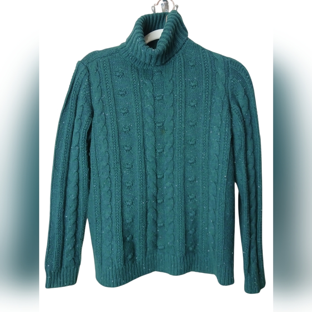 🍂 Lands End Green Cable Knit Turtleneck Sweater Small wool blend - Picture 2 of 8